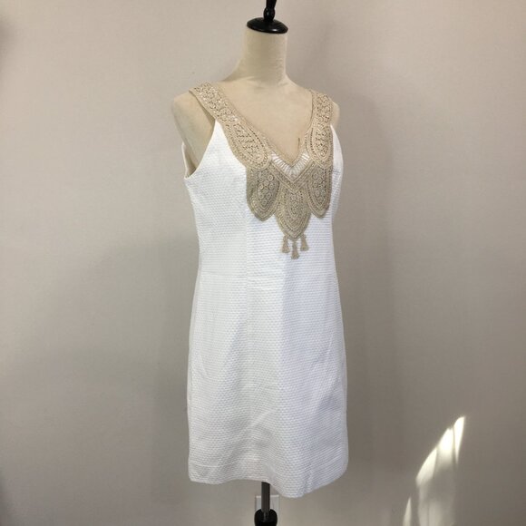 LILLY PULITZER White Gold Lace Applique Textured Sleeveless Shift/Sheath Dress - Picture 4 of 10